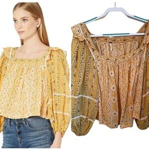Free People Mostly Meadow Balloon Sleeve Top Yellow Size XL